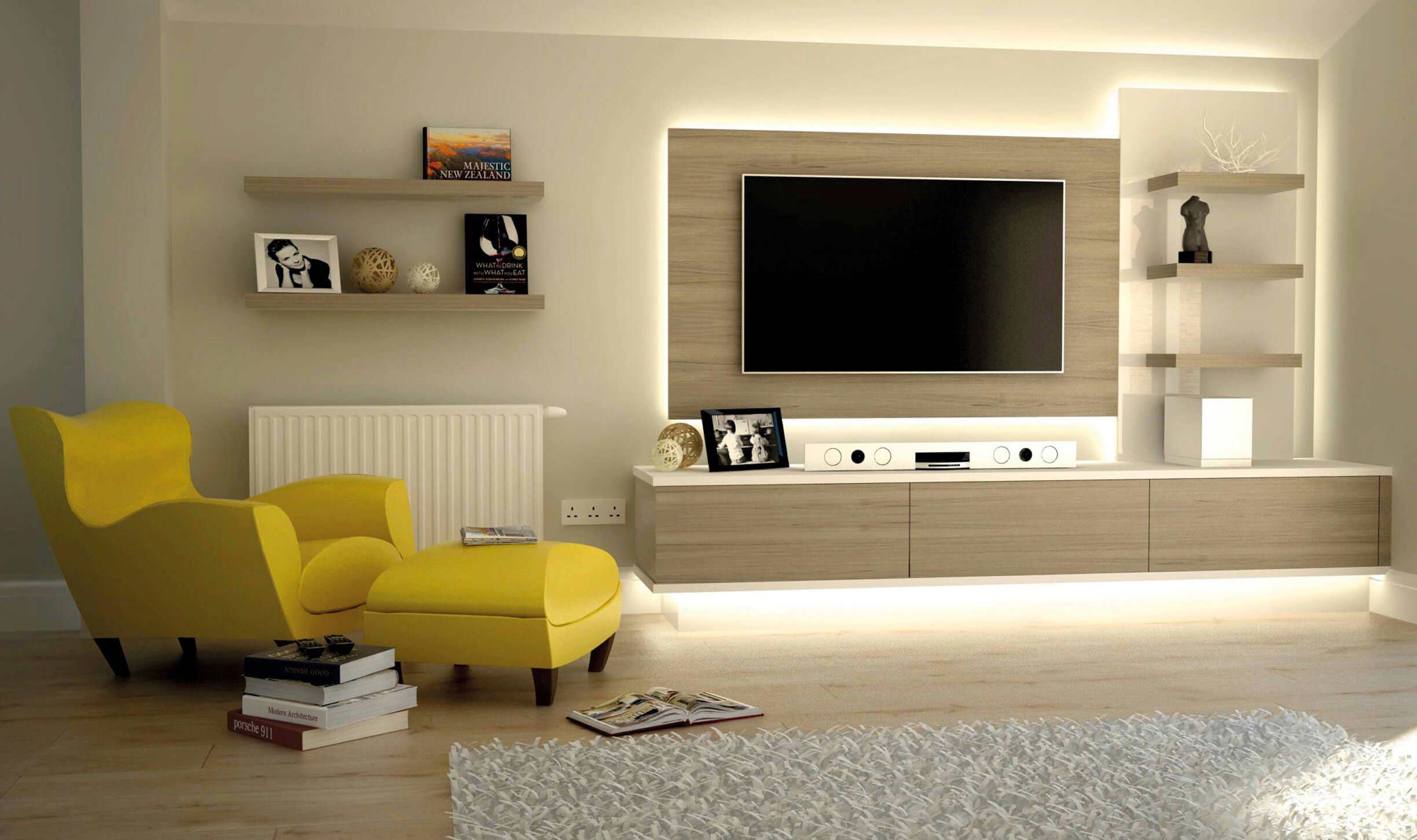 a back light oak tv unit with acrylic panel